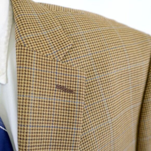 Lauren Ralph Lauren Wool Silk Brown Tan Hounstooth W/ Blue Windowpane 48L SPort - Picture 2 of 12